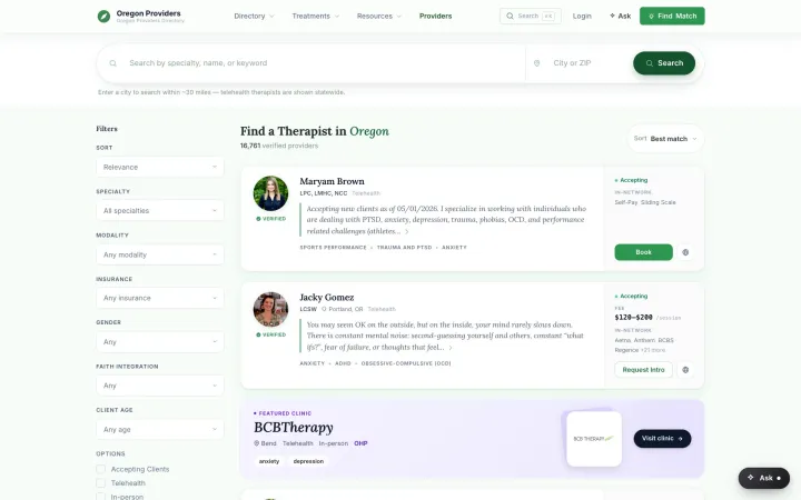 Directory search — pill filters, match scoring, insurance + need
